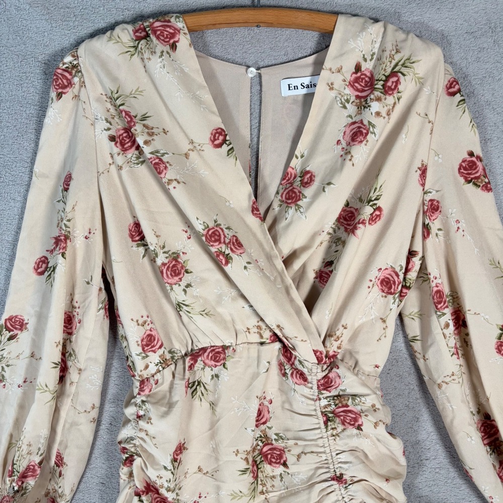 En Saison Floral Ruched Wrap Mini Dress Women's Size M‎ Beige Red Anthropologie - Picture 4 of 15